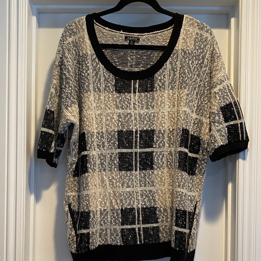 Lucky Brand Black and Cream Plaid Sweater